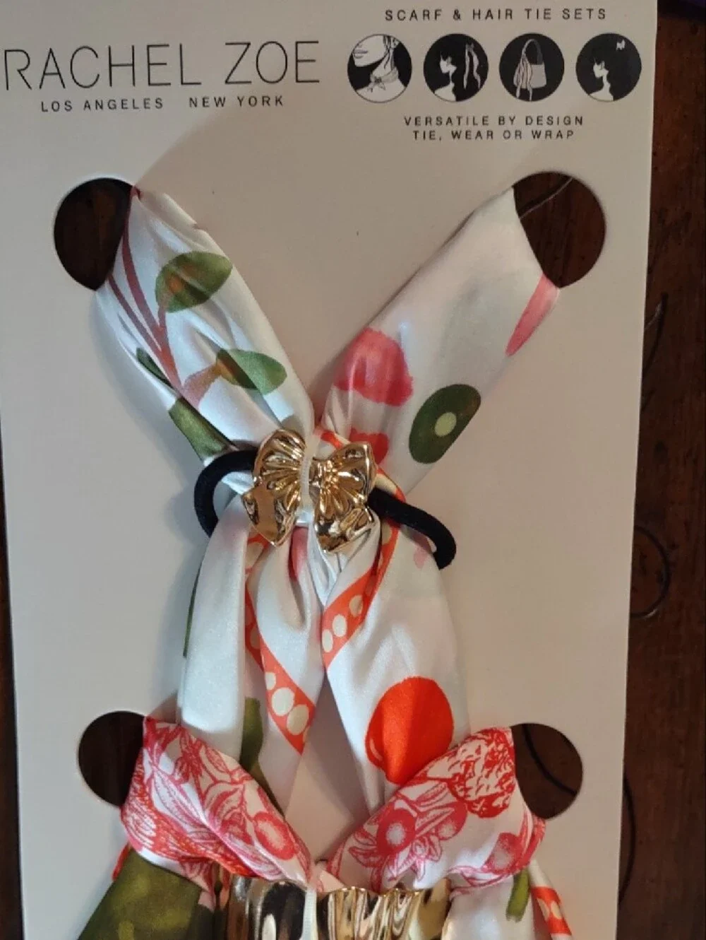 NWTS Rachel Zoe Scarf & Hair Tie Set Tropical Floral Citrus Satin Square Wrap